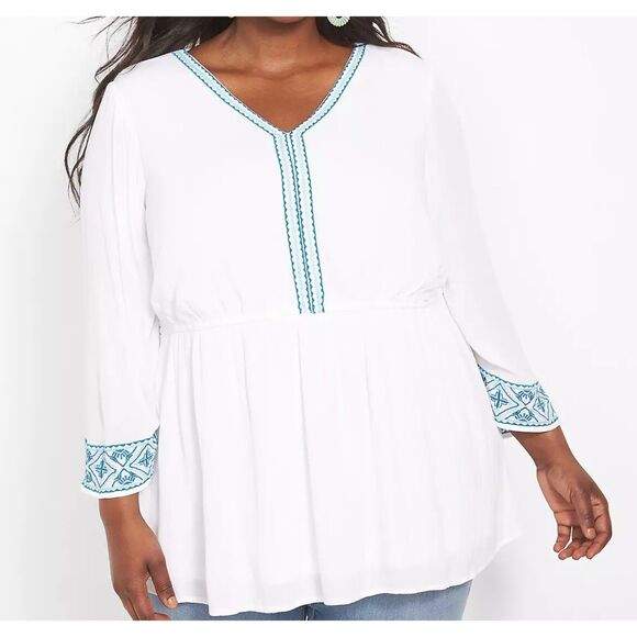 Lane Bryant Tops - Lane Bryant White Boho Tunic Top with Embroidered Trim - Size 24